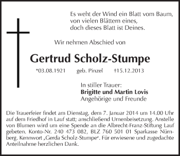 Traueranzeige von Gertrud Scholz-Stumpe von Pegnitz-Zeitung